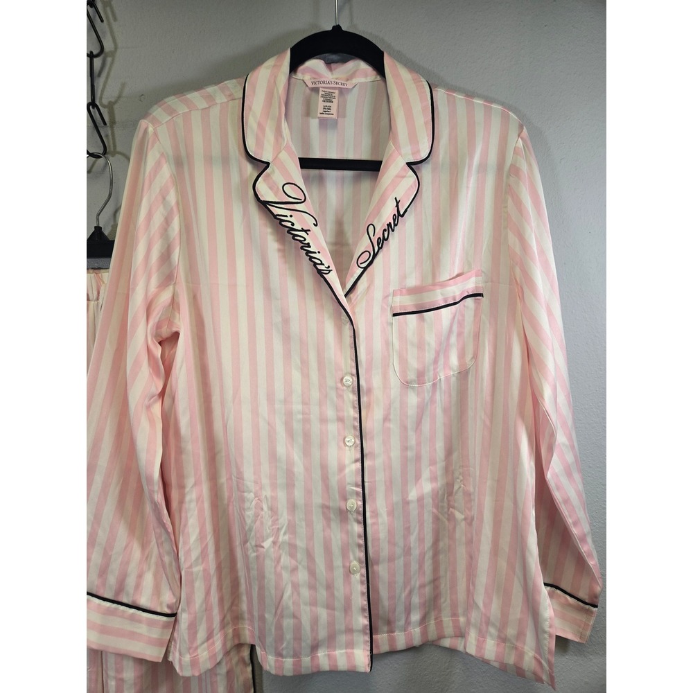 Victoria's Secret Pink White Stripe Satin Pajama Set Long Sleeve Pants Small - Picture 3 of 11
